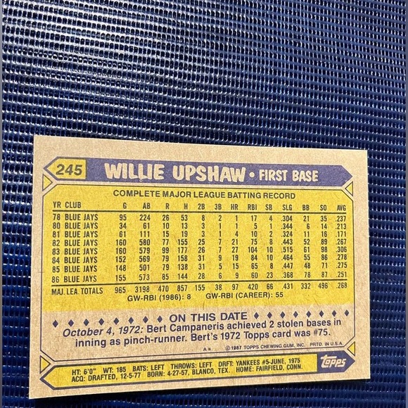 Baseball card Willie Upshaw (played first base) - Picture 2 of 2